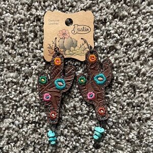 NWT Justin Brown Leather Saguaro Cactus Earrings with Floral Embroidery